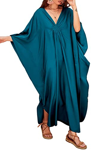Bsubseach Mujeres Casual Kaftan Vestido Batwing Manga Tallas grandes Traje de baño Cubrir Maxi Caftan Vestidos Pavo Real Azul