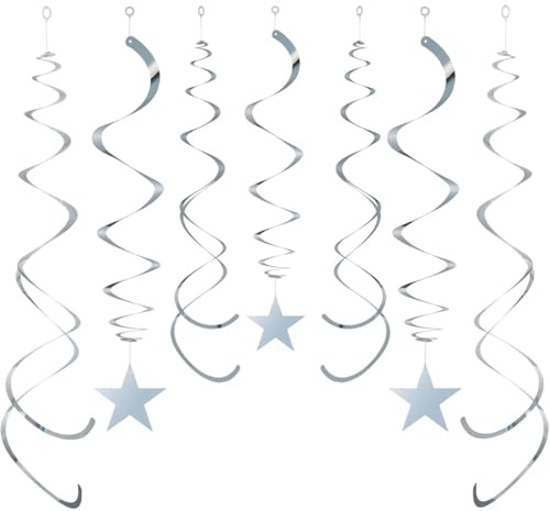 GAKA FAVOR 30 Stück Wirbel Deko Silber Stern Spiralen Girlande Folien Deckenhänger Stern DoppelSpiral Deko für Geburtstag, Hochzeit, Silvester oder Karneval Partydeko