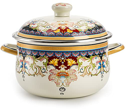 ZENFUN Marmite de cuisine en émail avec couvercle, marmite rétro de 4,5 litres, casserole à soupe épaisse vintage avec poignées, antiadhésive, sans danger pour les cuisinières à induction, cuisinière