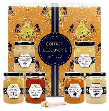 Assortiment de 6 miels de France et cuillère à miel - 6 miels et une cuillère