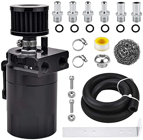 BOMLING Universal Baffled Oil Catch Can 300ml Aluminum Polish Oil Separator Catch Can Kit Reservoir Tank with Breather Filter & 3/8 NBR Fuel Line/6 Fittings/Necessary Accessories,Black