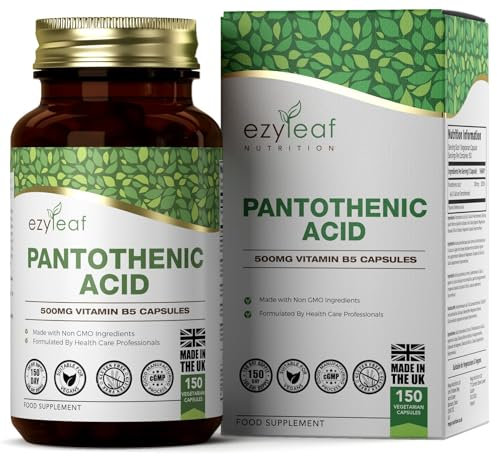 Ezyleaf Acide Pantothénique Supplément | 150 Capsules Vitamine B5 à Haute Teneur - 500mg Pantothenique par portion | Vitamin B5 | Sans OGM Sans Gluten Sans Remplissage | Fabriqué au UK