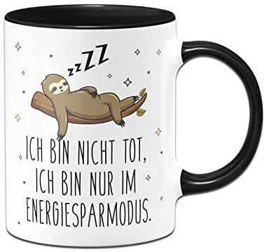 Tassenbrennerei Faultier Tasse mit Spruch - Ich bin nicht tot, ich bin nur im Energiesparmodus - Kaffeetasse lustig - Geschenk Kollegin, Kollege (Schwarz)