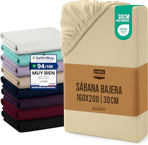 Utopia Bedding Drap Housse - Beige, 160 x 200 cm | Bonnets 30 cm pour Matelas Épais - Certifié Oeko-Tex - Polyester Microfibre Brossée