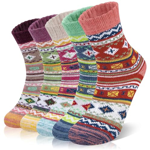 YSense Beau 5 Paar Damen Merinowolle Socken Winter Dicke Wollsocken Merinowolle Thermosocken Wolle Warme Vintage stil Wintersocken Socken Damen Geschenk