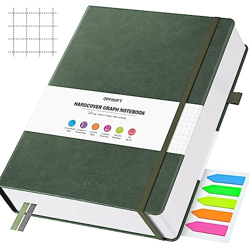 OFFIGIFT Diagram pappersanteckningsbok, 312 numrerade sidor stor A5 inbunden läderjournal, 100 gsm inget blödande rutnät papper anteckningsbok med indexsidor, rutnät anteckningsbok för grafnoter