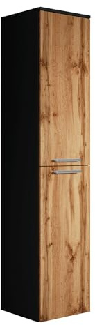 Badplaats B.V. Badezimmer Badschrank Saturnus 160cm Mat Schwarz mit Eiche - Regal Schrank Hochschrank Schrank Möbel