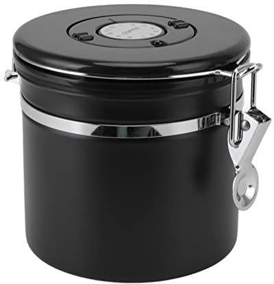 Otufan Boîte à Café, 1,2 L en Acier Inoxydable Hermétique avec Enregistreur De Date Cuillère Récipient De Stockage des Aliments De Cuisine Récipient à Café pour Thé en Grains De Café Moulu(Noir)