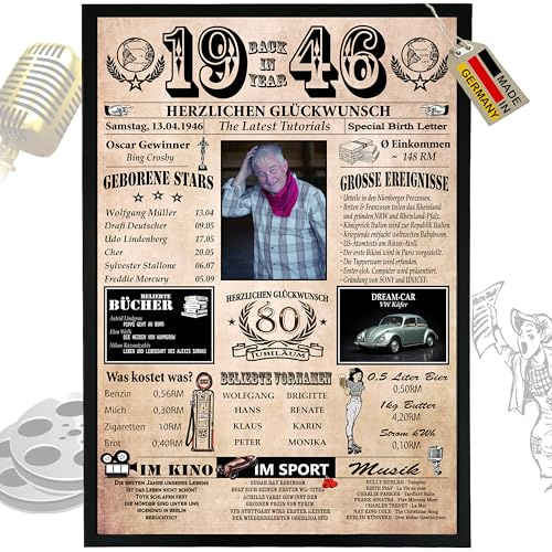 DUOMIO 1946-6 Felder PERSONALISIERBAR! Chronik zum 80 Geburtstag Geschenke Frauen & Geschenke zum 80 Geburtstag Mann - Ausdruck auf 400g/m² Premium Papier - Deko 1946 Jahrgang