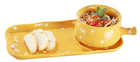 OUSIKA Ensaladera Individual for Sopa de Cebolla Francesa, Tazón de Desayuno de Cerámica con Mango y Plato, Juego de Tazones de Cereales de Porcelana, for Tazón de Cereales con Leche y Pan de Avena-Az