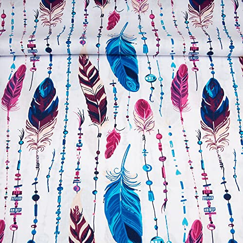 Fabreco Baumwollstoff Meterware 50x160cm - Blau Rosa Feder | 220 g/lfm – Weich, langlebig & hautfreundlich | Stoffe Zum Nähen & Dekoration