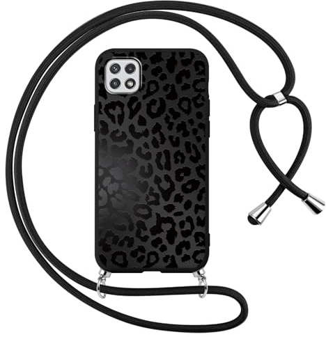 Foonary Coque pour Samsung Galaxy A22 5G avec Cordon de Collier, Aesthetic Léopard Motif Étui Housse Réglable Lanyard Corde, Souple Silicone Antichoc Case pour Samsung A22 5G 6,6, Noir Chaîne
