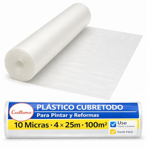 Film Plastique de Protection Transparent · Réutilisable et Recyclable · Bâche de Protection pour Peinture · Couverture Meubles Sols · Anti-Taches · Facile à Couper et à Utiliser (4x25 · 10Micras)