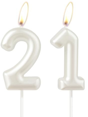 Perlweiße Geburtstagskerze, weiße Happy Birthday Zahl 21, Kuchenkerzenaufsatz für Mädchen, Hochzeitstag, Gedenken