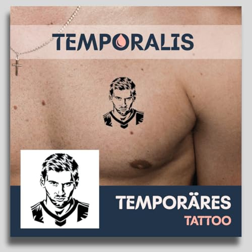 Fake Tattoo Fußball – Temporalis® | Temporäre Tattoos für Erwachsene – EU-zertifizierte Kosmetik, vegan & wasserfest – Hält 1 bis 2 Wochen [ Messi-Porträt ]