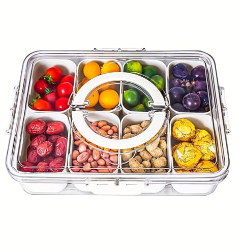Snackbox Mit FäChern, Snackschale mit Deckel und Griff, Snack Aufbewahrungsbox Snackteller Mit Deckel Tragbare Snackdose für Party Couchbar Familien (28 x 21 x 6,5 cm)