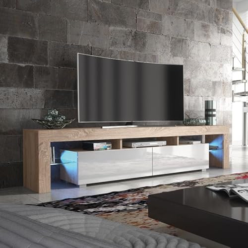 Creative Furniture TV Unit 200cm Oak Modern Stand White Gloss Doors + LED