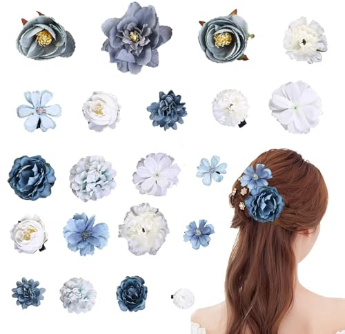 Fermaglio per capelli a fiori, 21 pezzi, multicolore con fiori artificiali, per feste, spiaggia, matrimoni, decorazioni per eventi (serie blu e bianco)