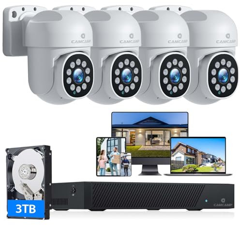 Camcamp PoE CCTV Camera System - 5MP 3K Outdoor Wired Auto Tracking Surveillance Security Cameras with 8CH 500GB HDD 4K NVR PTZ Color Night Vision, Two-Way Audio, 24/7 Record, 4 Cam