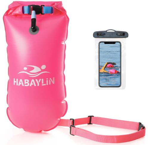 Habaylin Schwimmboje - 20L Rosa, Boje Schwimmen für Erwachsene | Trockensack Aufblasbar Wasserdicht Dry Bag für Open Water, Triathlon, Strand