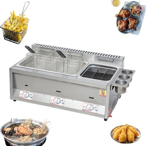 Générique Friteuse à Gaz Commerciale, Friteuse De Comptoir en Acier Inoxydable Robuste, Friteuse Huile Multifonctionnelle Au Propane, Friteuse Professionnelle avec 2 Paniers