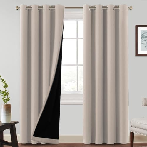 BellaHills 100% Verdunkelung Gardinen mit Ösen 2er Set H240xB132cm Verdunklungsvorhänge für Wohnzimmer Vorhänge Schlafzimmer Thermo Kälteschutz, Natur