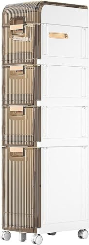 SHANYAYALI Plastic Bathroom Storage Cabinet, Narrow Slim Toilet Paper Storage Cabinet Waterproof Side Storage Tower with Drawers and Lockable Wheels for Small Bathroom Kitchen Laundry(5 Tier,17cm)