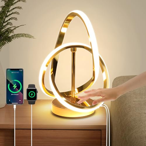 EIDISUNY Moderne LED-Tischlampe, 3 Farbtemperaturen, Touch Control, Dimmbare Nachttischlampe mit USB-Anschlüssen, Touch Control LED Nachttischlampe Schreibtischlampe für Wohnzimmer Schlafzimmer (Gold)