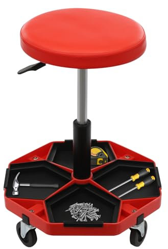 Werkstatt Rollsitz 150 kg Belastbar, 45-61cm Höhenverstellbar, Werkstatthocker mit Ablage & 4 Universalrollen, Arbeitshocker für Werkzeug, Pneumatischer Rollhocker (Rot)