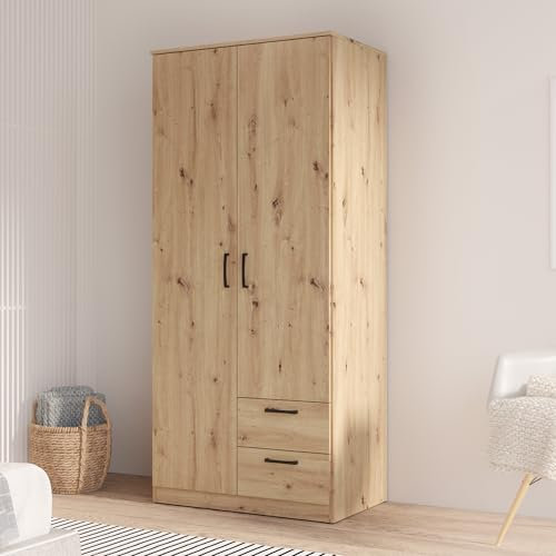 FORTE NIKO Kleiderschrank 82, Scandi Kleiderschrank mit 2 Türen und 2 Schubladen, Holzwerkstoff, Artisan Eiche Dekor, 81,9 cm breit, 185 cm hoch, 52,7 cm tief