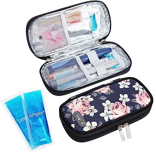 SUNMON Borsa per Medicinali Termica - Porta Insulina Termico da Viaggio con 2 Confezioni di Ghiaccio, Borsa Termica per Insulina per Diabetici(Nero Fiori)