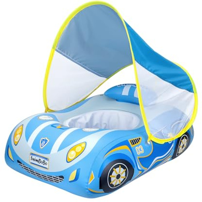 Swimbobo Toddler Pool Float Inflatable Car Baby Swim Float with Adjustable Sun Canopy and Safety Seat Pool Toys for Kids 3 Years Old + (Blue Sports Car) (Blue Car)