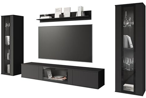 CARO Wohnzimmermöbel Set TV Möbel Optionale LED Illusion Hängemöbel (Schwarz)