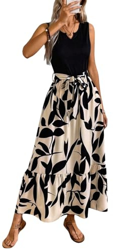 SweatyRocks Damen Kleid Ärmelloses Maxikleid A Linie Sommerkleider Pflanzenmuster Lange Kleider mit Gürtel Rüschensaum Freizeitkleid Boho Druckkleid Damenkleider Schwarz L