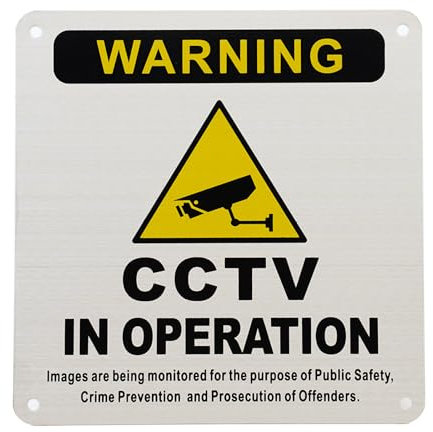 15x15cm Brushed Aluminium,CCTV IN OPERATION Warning Metal Sign, Self-Adhesive and Pre-Drilled Holes,Indoor/Outdoor Security Warning Sign for Homes, Businesses (1 Yellow, 15CM X 15CM)