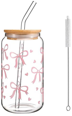 Hojalis Pink Bow Glass Cup Set, Bow Cups with Lid and Straw,Tube Brush, 16oz Iced Coffee Cup, Aesthetic Gifts for Women Girls Friends, Glass Drinking Cup for Bubble Tea Coffee Cocktail