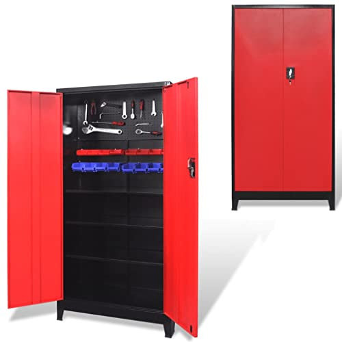 LAPOOH Armario de Herramientas 2 Puertas, Organizador Herramientas Pared, Mueble Herramientas, Organizador Taller, Armarios Taller Mecanico, Acero Negro/Rojo 90x40x180 cm