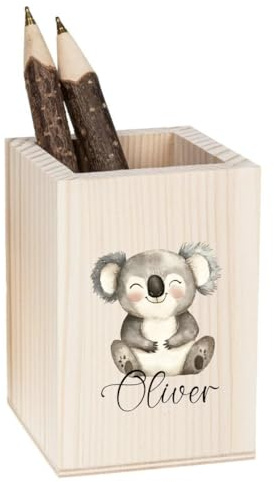 minimutz Stiftebox Köcher Holz bunt für Kinder personalisiert, Stiftehalter Schreibtisch Kinderzimmer groß, Stiftebecher Organizer mit Namen, Tiermotiv Koala