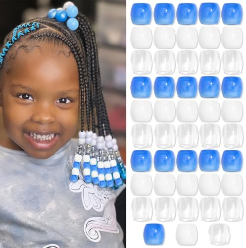 Kotkiddy 48 Stück Perlen Haarperlen Zopf Accessoires für Kinder Mädchen Süss Loc Perlen Haardekoration Schmuckmacher Set mit Werkzeug (Blau Weiß Transparent)