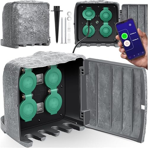 KESSER® Zócalo de jardín con aspecto de piedra con 4 enchufes - con función wifi control a través de la aplicación - kit de montaje, enchufes múltiples exteriores con cable de extensión de 3 m toma de