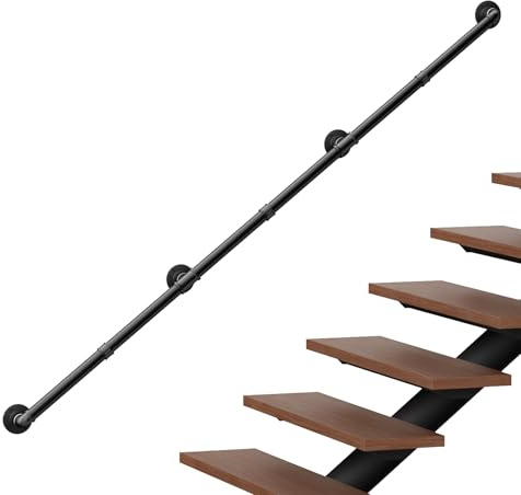 6.7FT Industrial Stair Rails, Heavy Duty Metal Stair Railing, Hand Rails for Indoor & Outdoor Steps, Wall Mounted Staircase Handrails, Non-Rust Safety Rail for Stairs Loft Porch(Black,203cm)