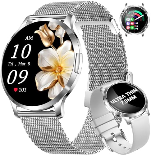 Smartwatch Damen mit Telefonfunktion, 1,33 AMOLED Display Ultradünn & Gebogen, Informationsbenachrichtigung für iOS Android, 100+ Sportmodi, 5ATM Wasserdicht, Schrittzähler, Kalorien Fitness Tracker