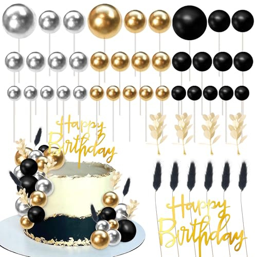 SYKYCTCY 59 Pack Balls Cake Toppers Happy Birthday Foam Balls Cake Topper Happy Birthday Cake Decorations for Baby Shower Kids Boys Girls Birthday Wedding Party Supplies Black Silver Gold