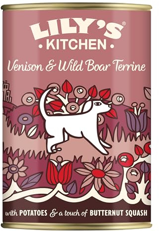 Lily's Kitchen tillverkad med naturliga ingredienser burkar våtfoder för vuxna hundar terrin från REH och vildsvin 6 x 400 g