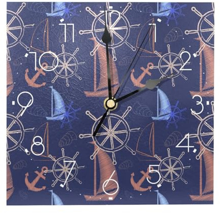 Orologio da parete quadrato con bussola, barca a vela, nave, ancora, a batteria, silenzioso, senza ticchettio, orologio da parete in legno, per decorazione soggiorno