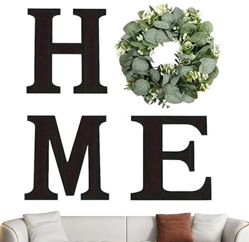 Home Sign - Wood Home Sign | Art Decor with Artificial Eucalyptus Wreath for Holiday Wedding Party Apartment Housewarming Living Room Entryway