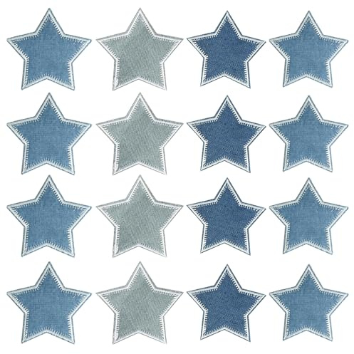 Bügelflicken 16 Stück, Jean Flicken zum Aufbügeln Stern, Bügelflicken Jeans Blau, Patches zum Aufbügeln, DIY Aufbügler Nähzubehör Kinder Erwachsene, Stoffflicken für Jacken Taschen Reparaturen