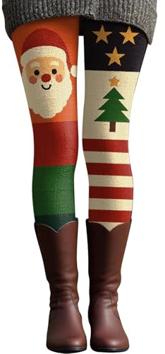 Leggings tricotés pour femme avec imprimé de Noël sur fond noir motif Père Noël arbre extensible chaud opaque collant de jogging pour les vacances