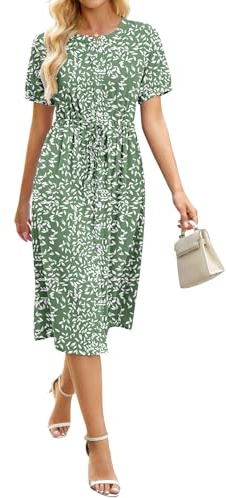 AUSELILY Women's Summer Short Sleeve Midi Dress Casual Crew Neck Tie Waist A Line Drawstring Dress Button Down Shirt Dresses Olive Green Leaf, XL