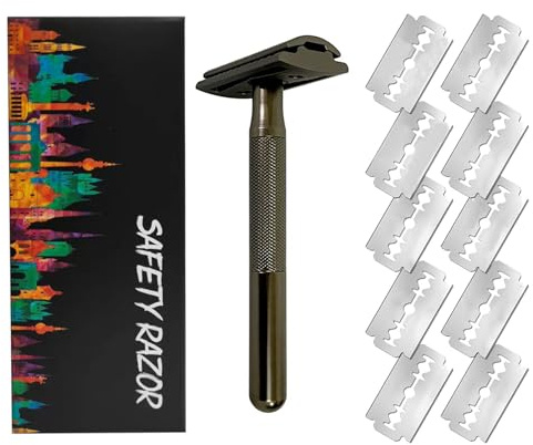 Sonew Dubbel Säkerhetshyvel för Män, Traditionell Rakhyvel för Manuell Rakning med Långt Ergonomiskt Handtag och 10 Blad, för Nära Bekväm Rakning (2)